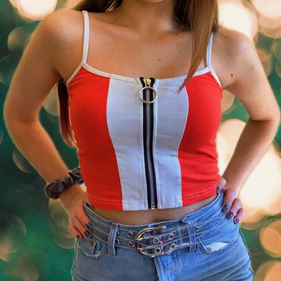 Red, Striped Crop Top with Super Cute Zipper! - Picture 1 of 2